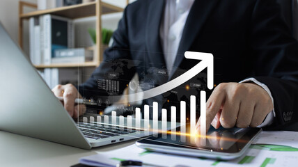 Increase revenue asset and profit.Businessman use laptop analyzing sustainability company growth...