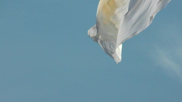 Papal flag is yellow and white. Vatican's symbol is a canvas fluttering in the blue sky.