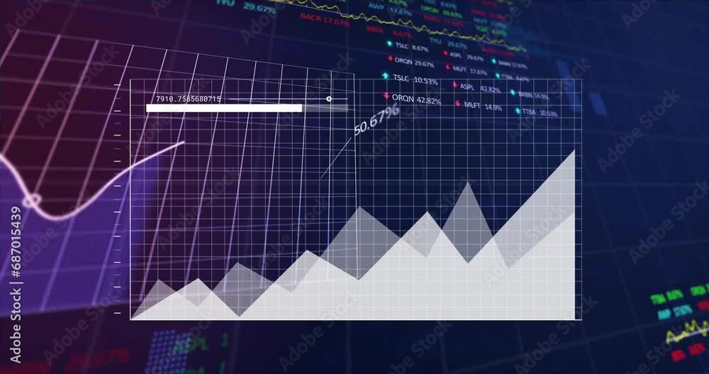 Poster animation of multiple graphs and trading board moving on abstract background