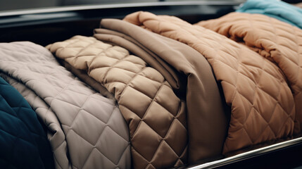 Pile of warm winter coats in a shop window. Selective focus.