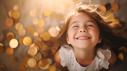 Fototapeta na wymiar Cute little girl lying on floor with falling golden coins and smiling