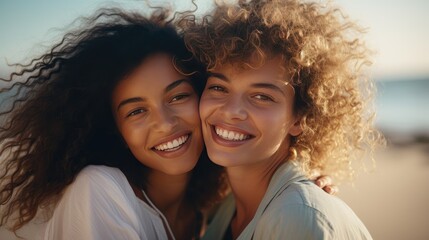 Fototapeta premium Close Up Lifestyle Portrait of Diverse Multiracial Happy Best Friends Hugging Each Other and Laughing in the Beach. Generative AI