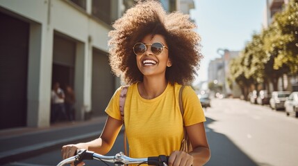Happy and Smiling Black Female Riding Bicycle On City Street. Generative AI - obrazy, fototapety, plakaty