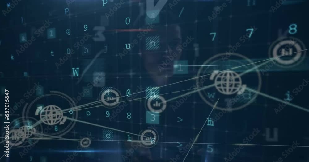Poster animation of connected globe and graph icons over multiple words, letters, numbers