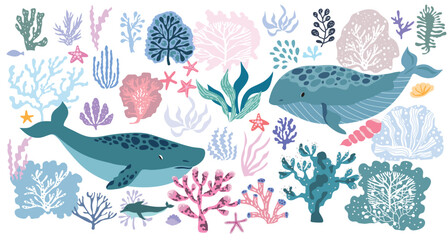 Cartoon  big  set with  seaweeds  and  whales, corals Beautiful doodle underwater marine life,  whale, coral reef, underwater plants  Vector cute flat  illustration.  