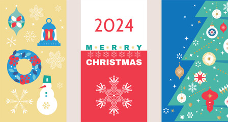 Merry Christmas and Happy New Year 2024 holiday template design banner, poster, card, cover Gifts, Santa, ball toy, christmas tree, snowflake Modern Xmas flat cartoon cute vector illustration 