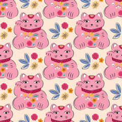Fototapeta premium Awesome maneki-neko cats seamless pattern Modern cute japanese template texture with lucky charms - Maneki Neko Vector flat trendy illustration