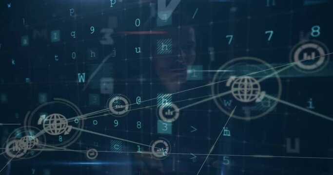 Animation of connected globe and graph icons over multiple words, letters, numbers
