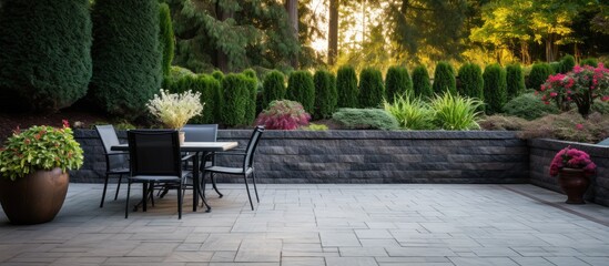 Landscaped patio with retaining wall and pavers. - obrazy, fototapety, plakaty
