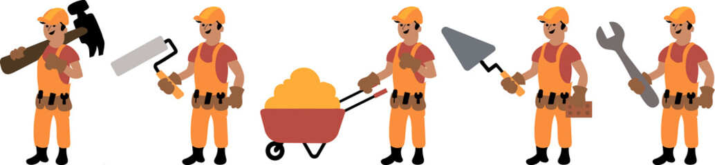 Construction. Collection. A builder in a hard hat holds in his hand a hammer, a wrench, a trowel, a paint roller and a wheelbarrow with sand. Cartoon. Illustration without outline on a transparent bac