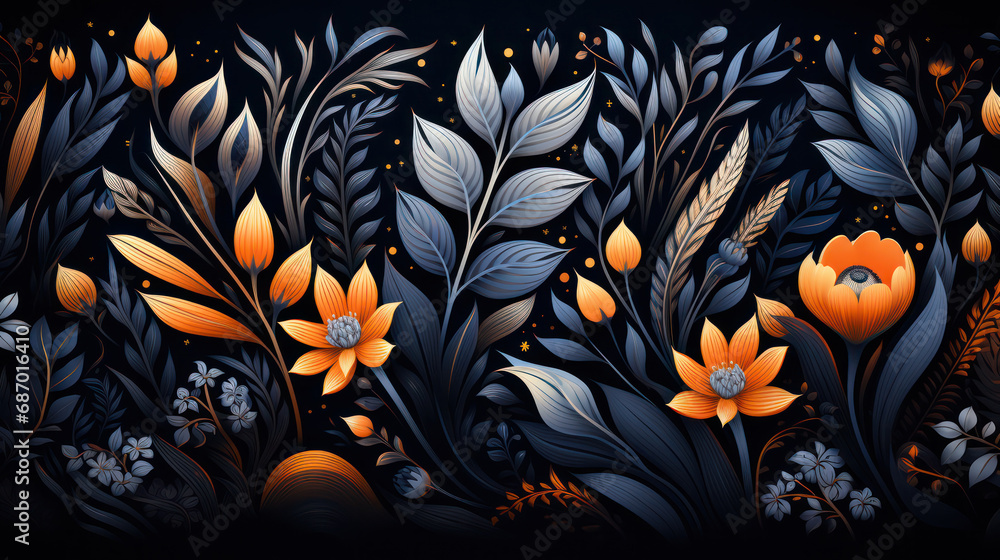 Poster blue and orange pattern design background - a captivating fusion of colors in elegant blooms.
