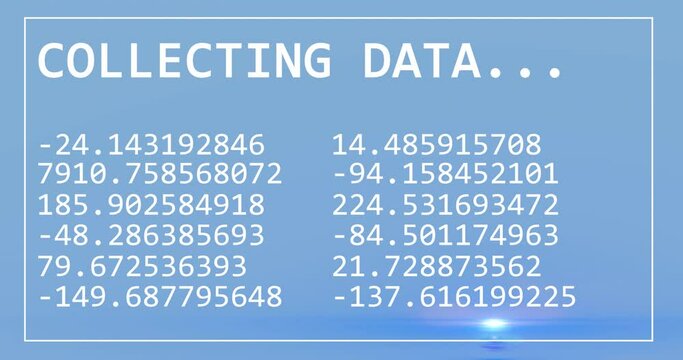 Animation of collecting data text with numbers changing on blue background