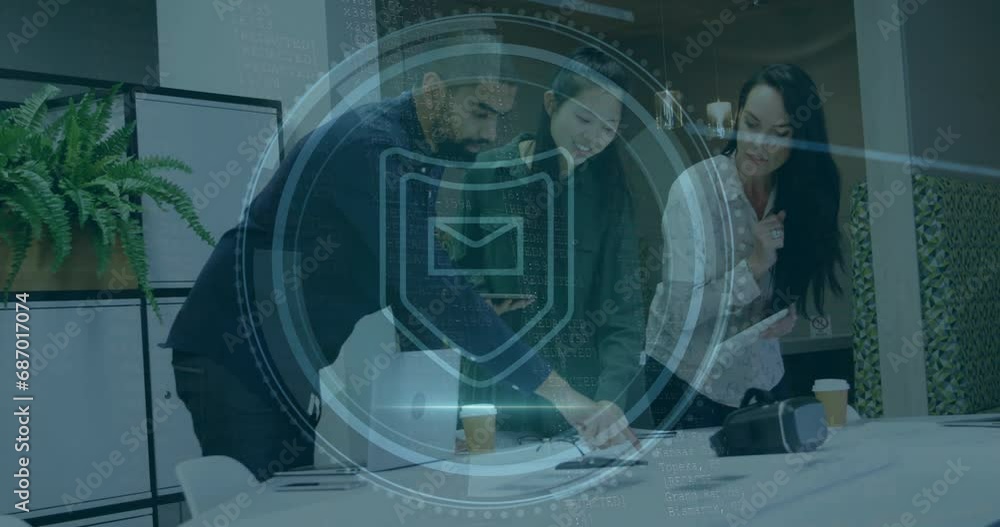 Aufkleber animation of message icon and cyber security text in circle, diverse colleagues discussing in office