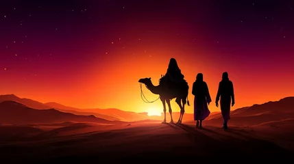  a group of people walking with a camel in the desert © Victoria