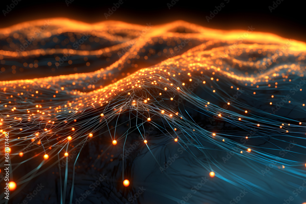 Poster data background of wires and glowing particles. generative ai.
