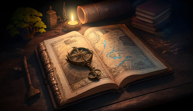 Fantasy background with ancient magic book and map. Generative Ai.