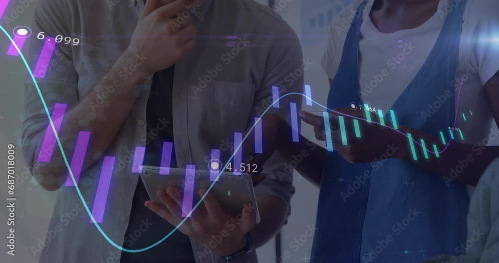 Poster Animation of graph with changing numbers over diverse hands of colleagues using tablet in office