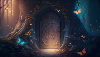 Fantasy enchanted fairy tale forest with magical opening secret door and mystical shine light...