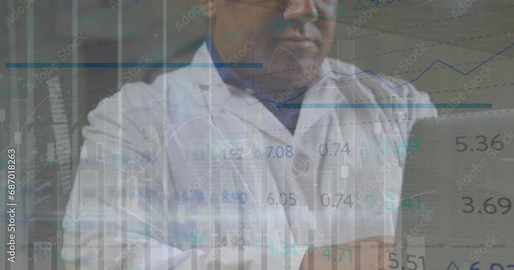 Poster animation of graphs and changing numbers over biracial bald businessman working over laptop