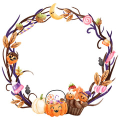 Halloween Wreath Ghost and Pumpkin Watercolor Illustration Clipart