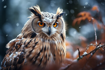 great horned owl, outside, winter weather, snow falling