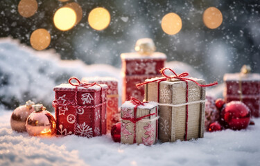 Winter Christmas Presents in Snowy Landscape