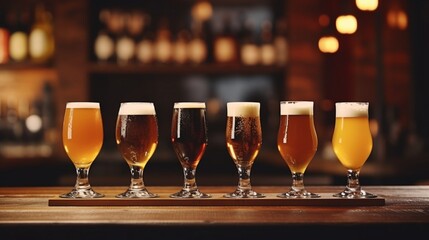 Various types of craft beer in glasses resting on a wooden bar. Pour beer into a row of pint glasses. Five cups of various draught beers in closeup in a pub - obrazy, fototapety, plakaty