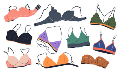 Set of bra, underwear for women. Fashion collection with various types of underclothing. isolated hand drawn cartoon vector illustrations with colorful lingerie on white background. - obrazy, fototapety, plakaty