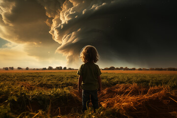 young kind standing in the field, in the distance, a huge tornado,