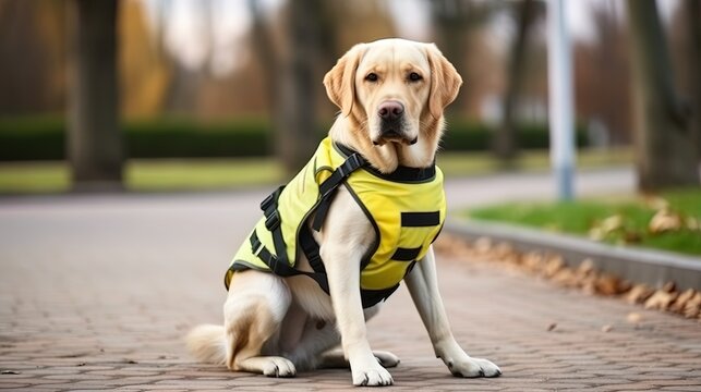  cute labrador-retriever in a special equipment, a guide to a person with disabilities