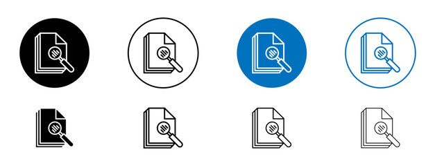 Scrutiny info line icon set. Accounting report review icon in black and blue color.