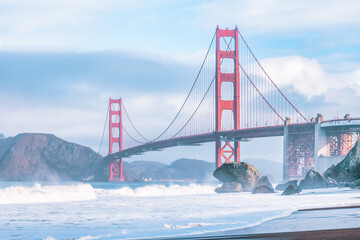 Beautiful view of the Golden Gate Bridge in San Francisco, pastel colors. Concept, travel, world attractions