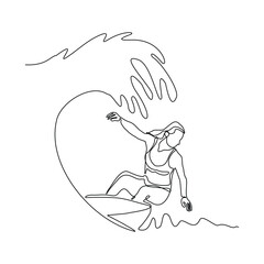 Continuous single line sketch drawing of professional surfing athlete woman ride surfboard on big wave. One line art of extreme sport surfer on beach summer vector illustration