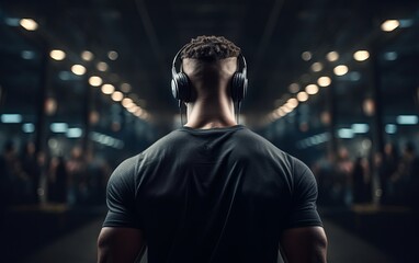 Muscular African American athlete in headphones in the gym with his back in the frame