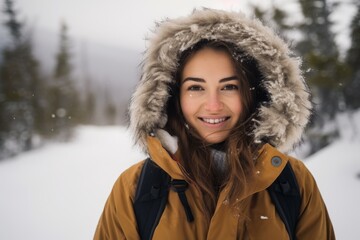 Portrait of a beautiful young woman in the winter forest with snow