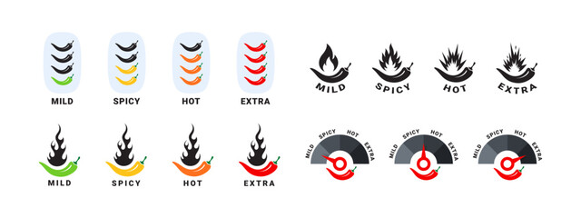 Spicy level icons set. Hot natural chili pepper symbols. Spicy and hot. Vector scalable graphics - obrazy, fototapety, plakaty