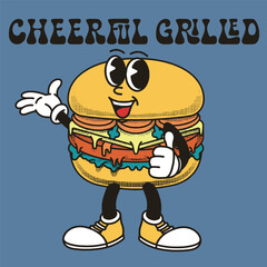 Burgers Character Design With Slogan Cheerful grilled
