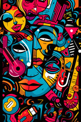 Large Pop Art Vector Design Featuring Diverse Portraits, Musical Instruments, and Eclectic Random Objects