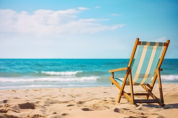Fototapeta na wymiar Beautiful beach Chair on the sandy beach near the sea Summer holiday and vacation relax concept
