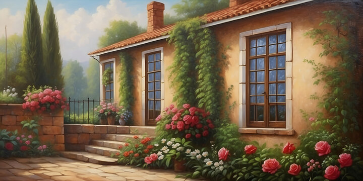 watercolor painting of an old vintage exterior wall with climbing plants, roses and flowers, landscape view