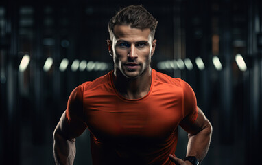 Fototapeta na wymiar Fitness trainer in red T-shirt against the background of the gym. AI