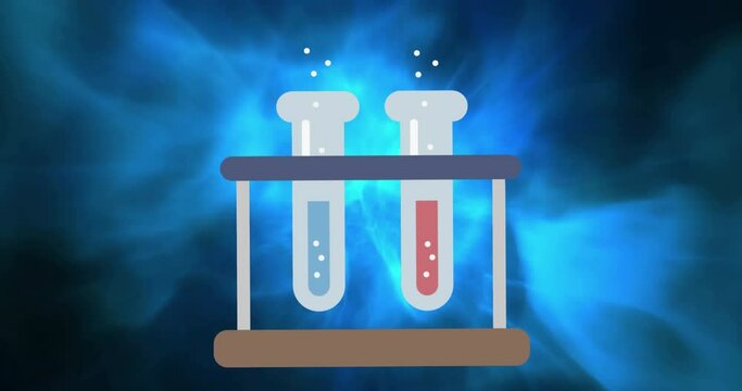 Animation of test tube icon against blue glowing digital wave against black background