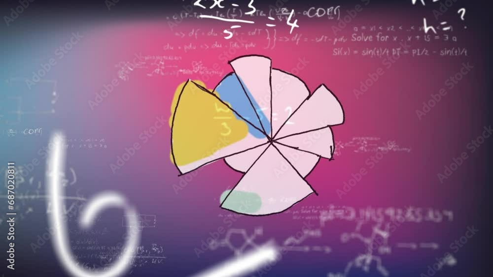 Aufkleber animation of pie graph icon over mathematical equations against purple gradient background