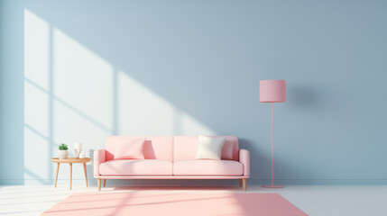Minimal interior design of a stylish pastel blue room. Blue wall, pink sofa with pillows, lamp, carpet, wooden side table, ceramic and vase. Sunlight. Empty wall mock up background. 