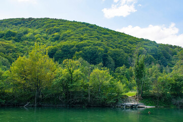 The River Una near Martin Brod, Bihac, in the Una National Park. Una-Sana Canton, Federation of Bosnia and Herzegovina. Early September