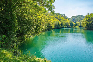 The River Una near Orasac, Bihac, in the Una National Park. Una-Sana Canton, Federation of Bosnia and Herzegovina. Early September