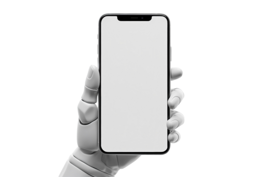 robot hand hold mobile phone on transparent background