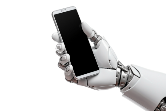 robot hand hold mobile phone on transparent background - Powered by Adobe