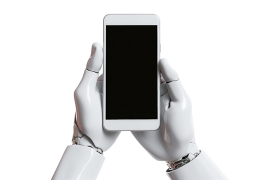 robot hand hold mobile phone on transparent background
