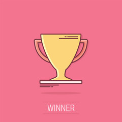 Vector cartoon trophy cup icon in comic style. Winner sign illustration pictogram. Award prize business splash effect concept.